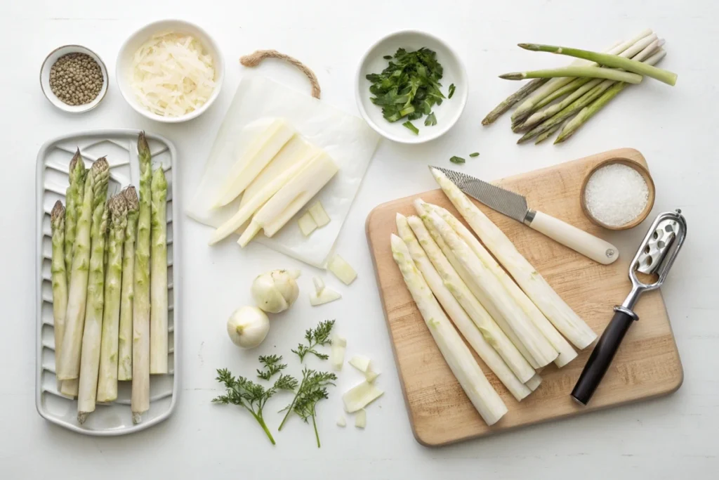 Preparation of white and green asparagus on a white surface, featuring peeled asparagus on a cutting board with a knife and peeler, fresh herbs, chopped onions, grated cheese, salt, and pepper arranged neatly in bowls