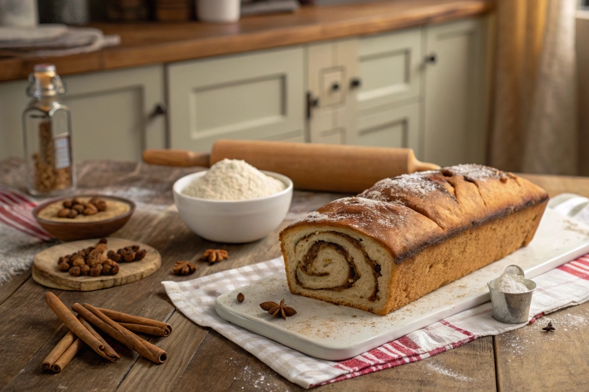 Freshly baked cinnamon bread loaf with a cinnamon swirl, placed on a white platter, surrounded by baking ingredients like flour, cinnamon sticks, and spices on a rustic wooden table in a cozy kitchen setting.