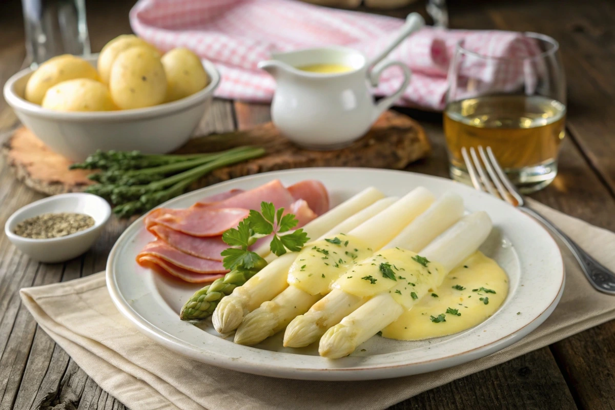 A traditional German meal featuring white asparagus served with Hollandaise sauce, boiled potatoes, and ham on a rustic wooden table, garnished with fresh parsley and accompanied by a glass of white wine