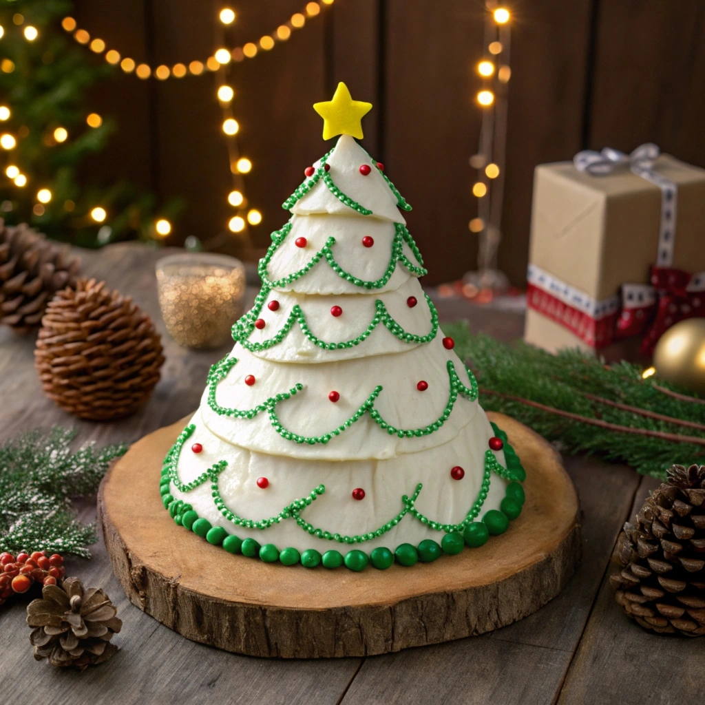 Decorative Christmas tree-shaped cake with white icing, adorned with green frosting garlands, red sugar beads, and topped with a yellow star. The cake is displayed on a rustic wooden platter, surrounded by pinecones, festive ornaments, and warm holiday lights in the background.