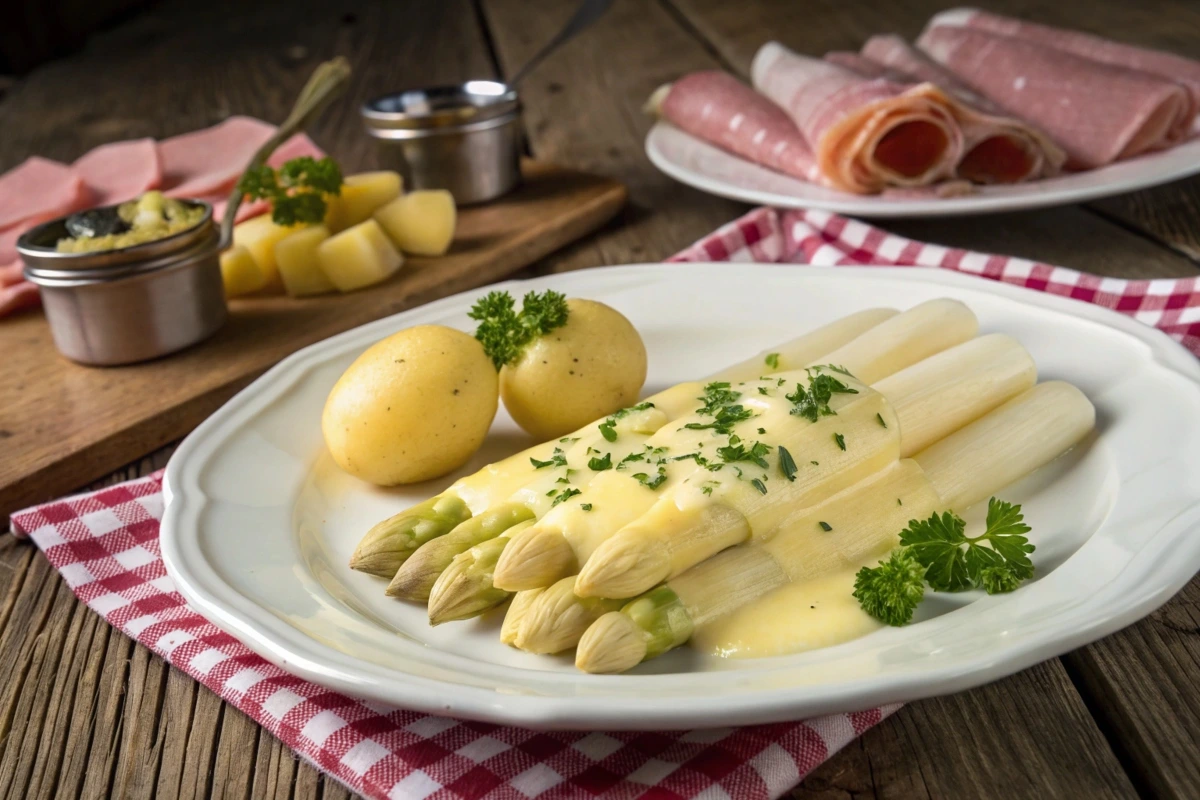 Plate of white asparagus topped with creamy hollandaise sauce, garnished with fresh parsley, served alongside boiled potatoes, with ham slices and condiments in the background on a rustic wooden table.