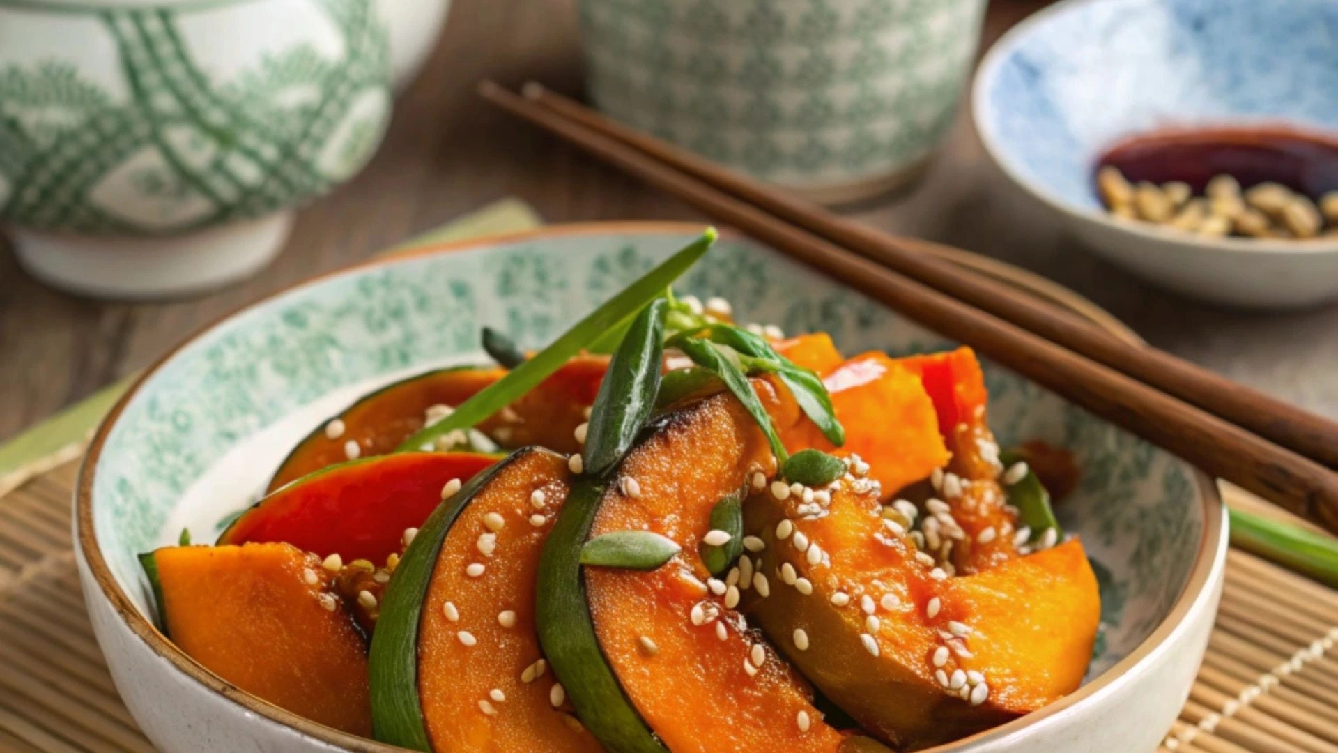 Chinese squash recipes kabocha vegan: Steamed kabocha squash slices drizzled with soy-sesame glaze, garnished with sesame seeds and green onions, served on a bamboo mat with traditional Chinese teapot and chopsticks.