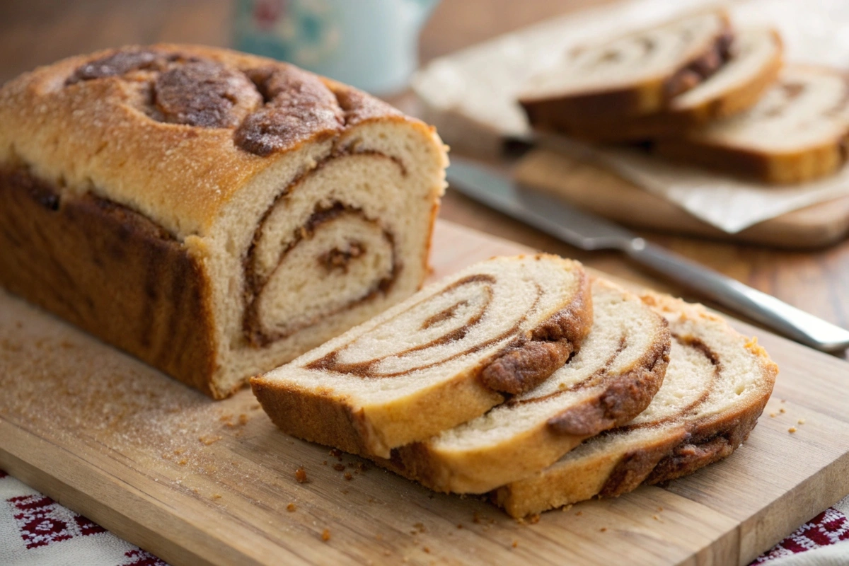 Close-up of a sliced loaf of cinnamon bread on a wooden cutting board, highlighting the rich cinnamon swirl and soft texture, with additional slices and a knife in the background.