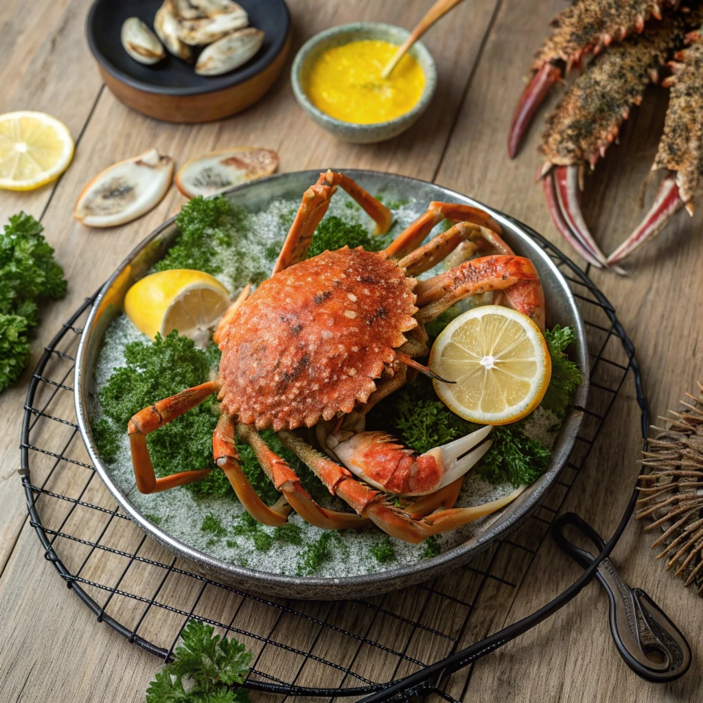 Freshly cooked spider crab served on a platter, garnished with lemon slices and parsley, accompanied by melted butter and clams in the background.