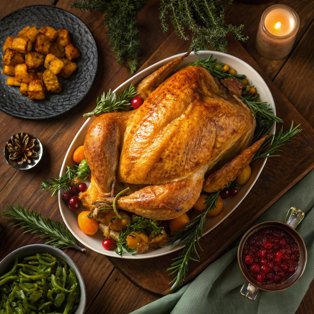 A golden-brown roasted whole turkey placed on an oval white platter, garnished with fresh rosemary, cherry tomatoes, and cranberries. The table is decorated with a bowl of roasted vegetables, green beans, and cranberry sauce, along with a lit candle, creating a warm and festive atmosphere.