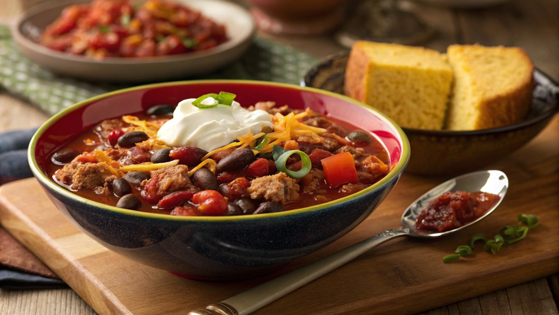 Close-up of a hearty bowl of turkey chili inspired by the Panera turkey chili recipe, featuring black and kidney beans, diced tomatoes, ground turkey, and spices, topped with sour cream, shredded cheese, and green onions. Served on a wooden table with cornbread slices and a spoonful of chili on the side.