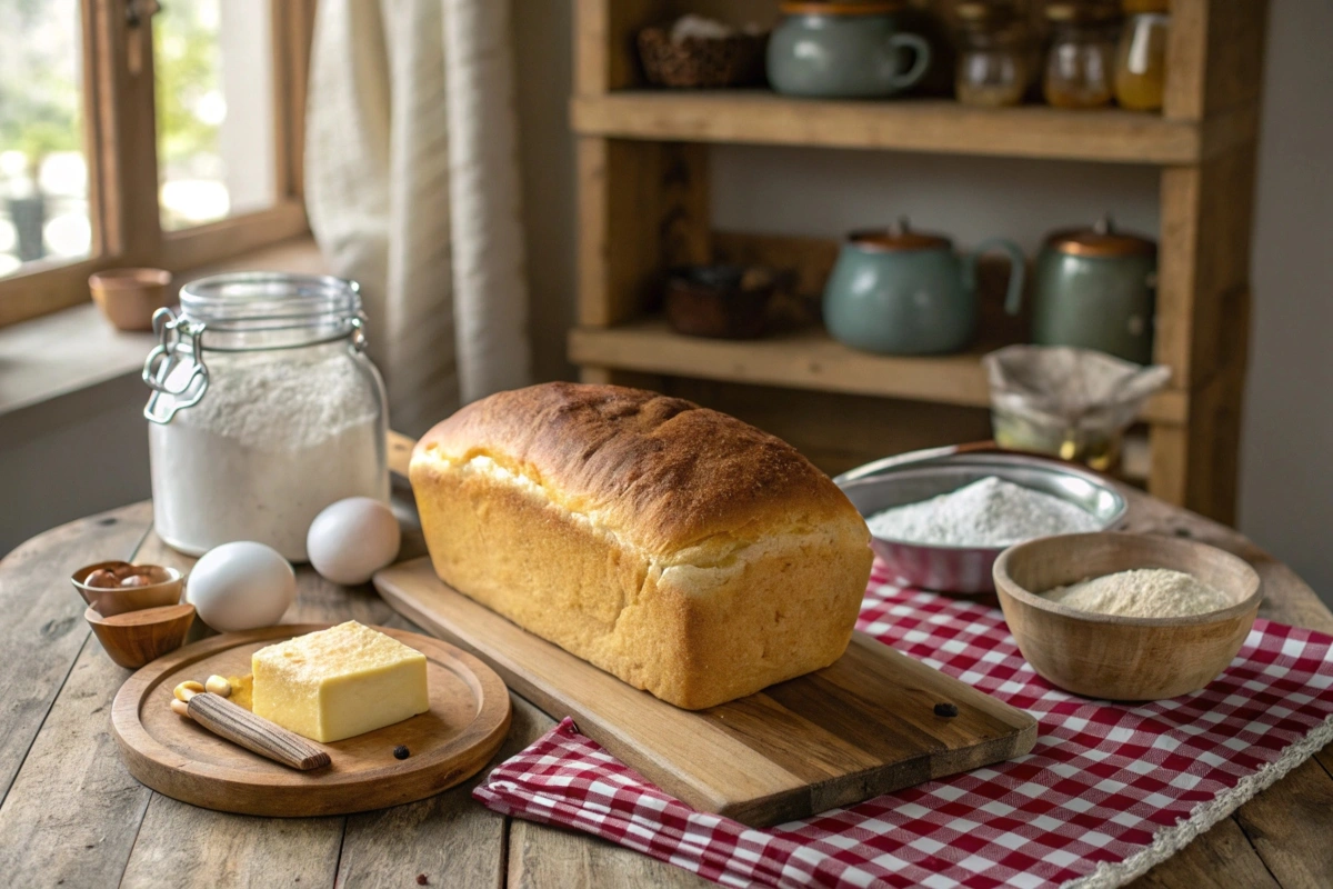 Freshly baked loaf of homemade bread placed on a wooden cutting board, surrounded by baking ingredients like butter, eggs, flour, and a jar of sugar, set on a rustic wooden table with a cozy kitchen backdrop.