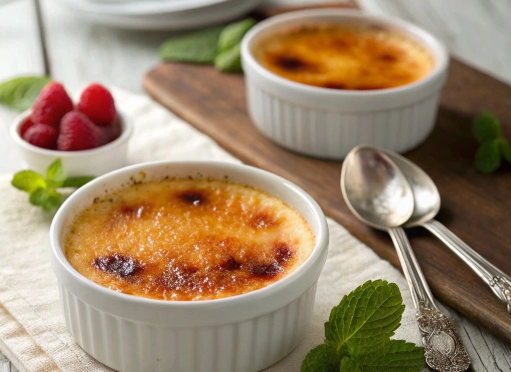 Two ramekins of perfectly caramelized crème brûlée, served on a wooden board with fresh raspberries and mint leaves as garnishes. A silver spoon rests beside the dessert, enhancing the elegant presentation