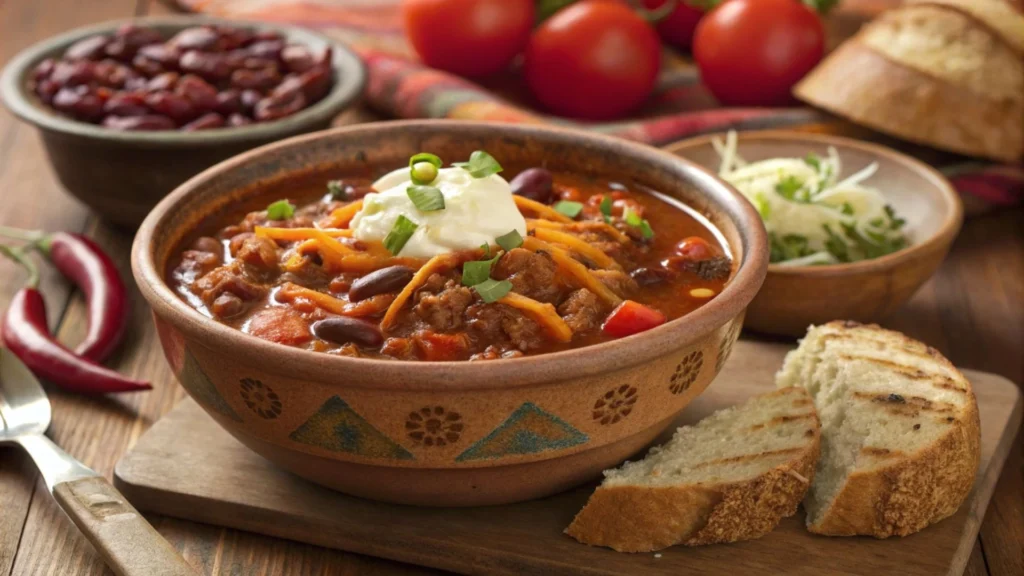 A warm bowl of turkey chili with chunks of turkey, beans, and vegetables, topped with sour cream, shredded cheese, and green onions, placed on a rustic wooden table surrounded by fresh ingredients like tomatoes and chili peppers, with a cozy fall or winter ambiance.