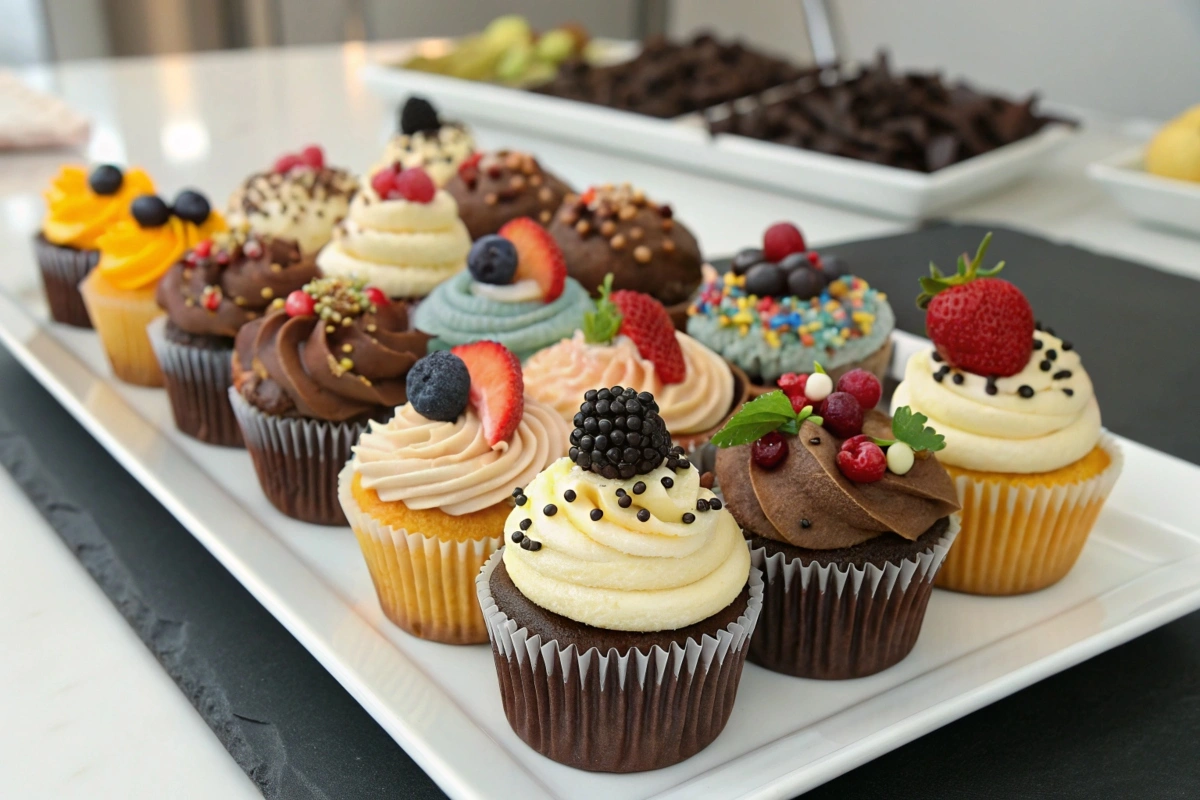 A colorful display of cupcakes featuring a variety of flavors, frosting designs, and toppings, including fruits, sprinkles, and chocolate decorations.