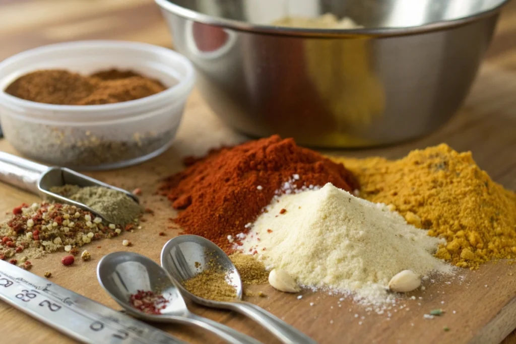 Close-up of various seasoning ingredients, including vibrant piles of paprika, turmeric, garlic powder, and pepper flakes, displayed with measuring spoons and a mixing bowl in the background, ready for a homemade spice blend.