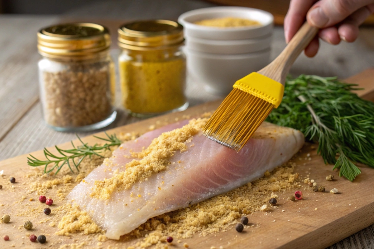 Close-up of a raw fish fillet being brushed with mustard on a wooden cutting board, surrounded by jars of spices, fresh herbs like dill, and scattered peppercorns for a rustic cooking preparation scene.