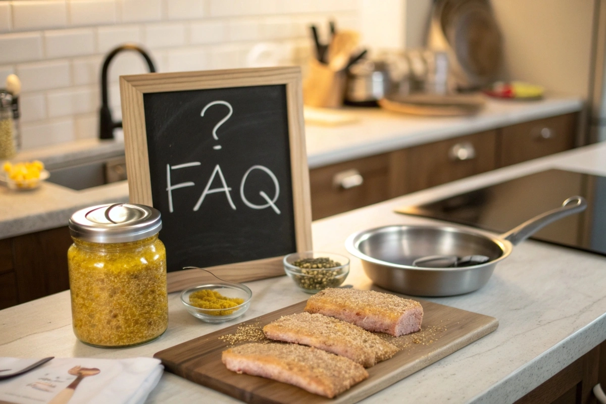 Kitchen scene with a chalkboard labeled 'FAQ,' jars of mustard and spices, and breaded fish fillets on a wooden cutting board, ready for cooking, with a skillet and kitchen utensils in the background