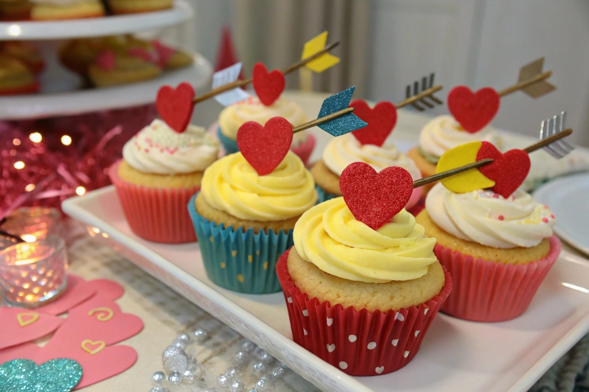 Colorful arrow-themed cupcakes decorated with red fondant hearts and edible arrow toppers, displayed on a festive white platter with pink and yellow accents.