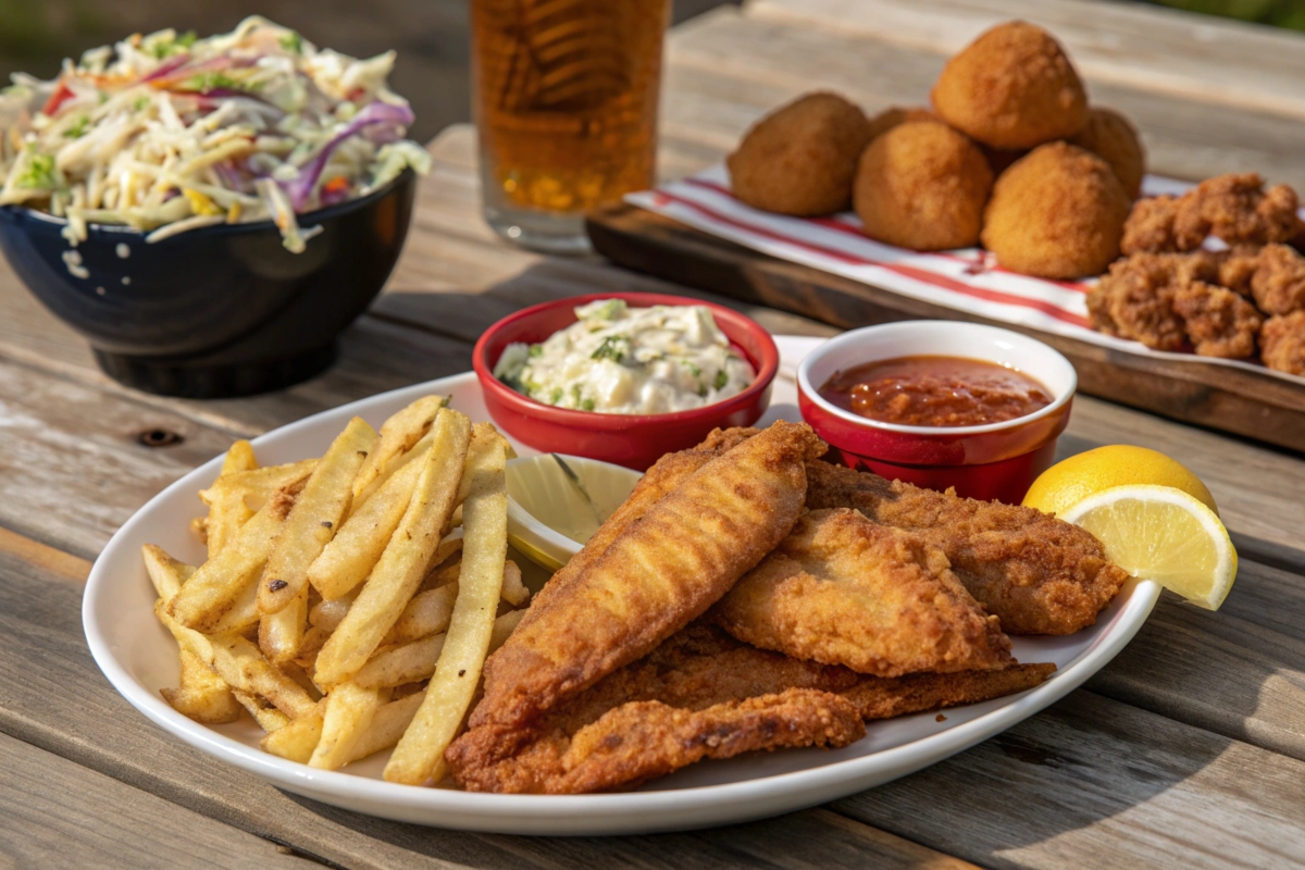 Plate of crispy fried fish served with golden French fries, coleslaw, tartar sauce, spicy dipping sauce, hush puppies, and lemon wedges on a rustic wooden table, perfect for a traditional Southern fish fry.