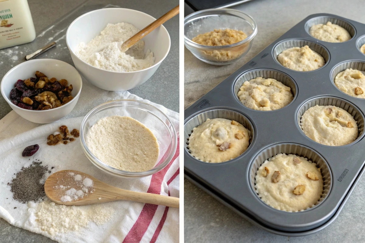 "Step-by-step preparation of sourdough discard muffins: on the left, ingredients like flour, dried fruits, and chia seeds are arranged with a mixing bowl; on the right, muffin batter is portioned into a tray, ready for baking.