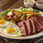 Plate of corned beef slices served with sunny-side-up eggs, roasted potatoes, and fresh salad on a wooden table, ideal for breakfast.