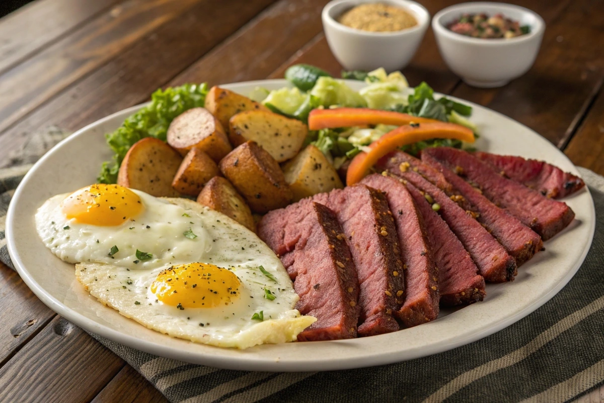 Plate of corned beef slices served with sunny-side-up eggs, roasted potatoes, and fresh salad on a wooden table, ideal for breakfast.