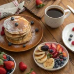 An inviting breakfast spread featuring fluffy pancakes topped with powdered sugar and blueberries, a plate of fresh fruit with mini pancakes, a crepe garnished with whipped cream and berries, and a steaming cup of coffee on a rustic wooden table.