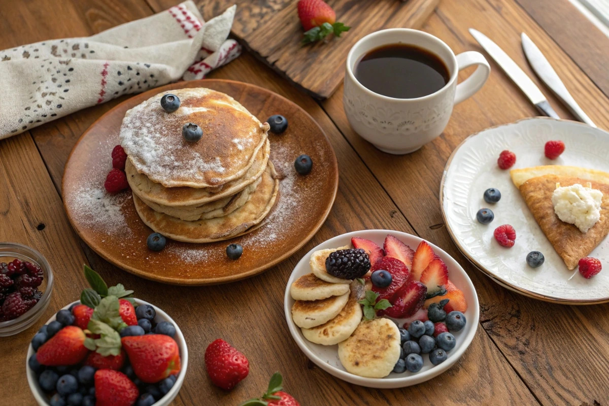 An inviting breakfast spread featuring fluffy pancakes topped with powdered sugar and blueberries, a plate of fresh fruit with mini pancakes, a crepe garnished with whipped cream and berries, and a steaming cup of coffee on a rustic wooden table.