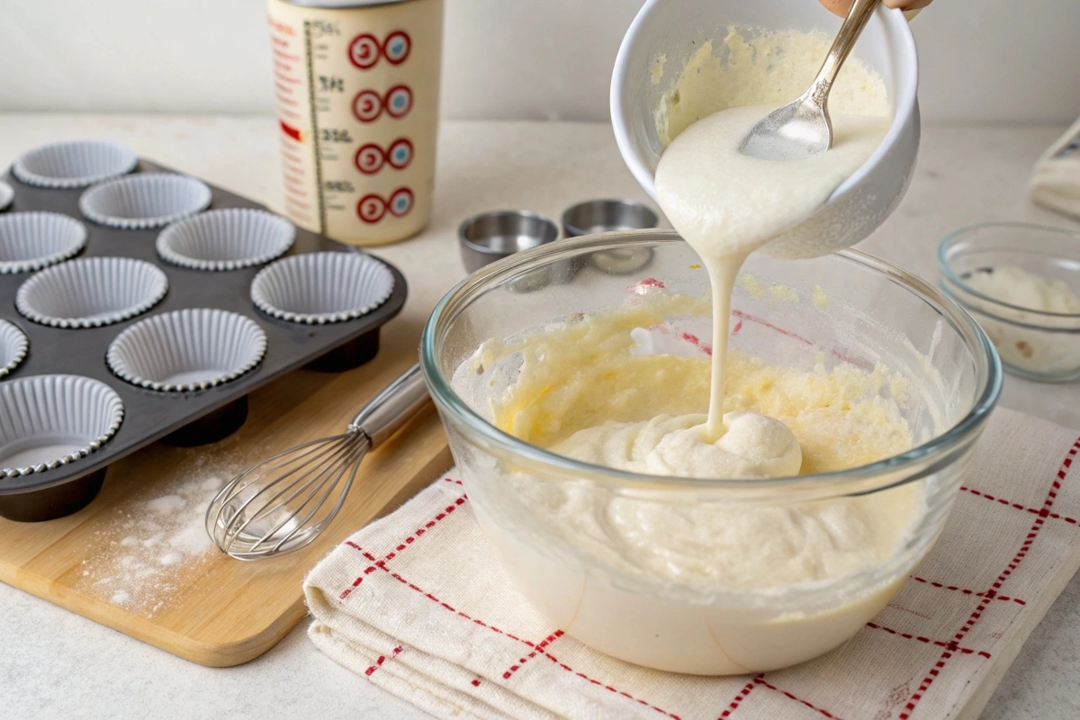 A bowl of cupcake batter being mixed with liquid ingredients, surrounded by baking tools including a whisk, measuring cup, and cupcake liners ready for use, showcasing the process of preparing moist cupcakes.