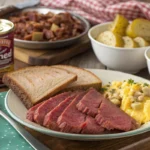 Plate of sliced canned corned beef served with scrambled eggs, bread, and pickles, alongside a can of corned beef and side dishes on a wooden table.