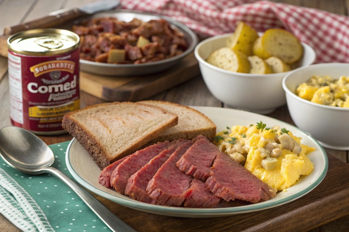 Plate of sliced canned corned beef served with scrambled eggs, bread, and pickles, alongside a can of corned beef and side dishes on a wooden table.