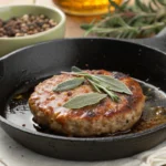 Breakfast sausage patty sizzling in a cast-iron skillet, garnished with fresh sage leaves, with a bowl of peppercorns and herbs in the background.