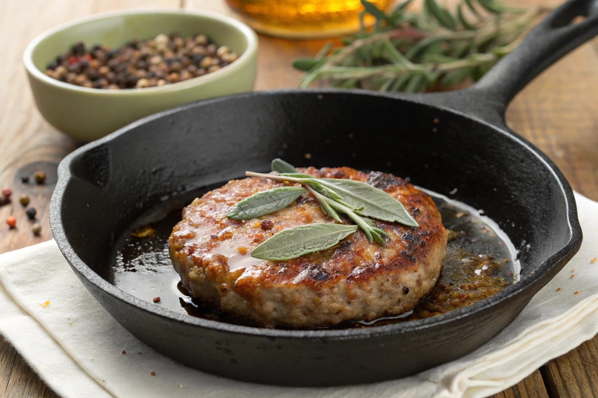 Breakfast sausage patty sizzling in a cast-iron skillet, garnished with fresh sage leaves, with a bowl of peppercorns and herbs in the background.