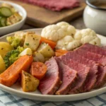 A hearty plate of corned beef served with colorful vegetables, including roasted carrots, cauliflower, broccoli, and potatoes, on a rustic table setting.