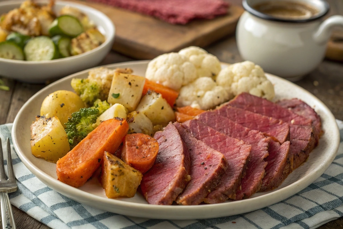 A hearty plate of corned beef served with colorful vegetables, including roasted carrots, cauliflower, broccoli, and potatoes, on a rustic table setting.