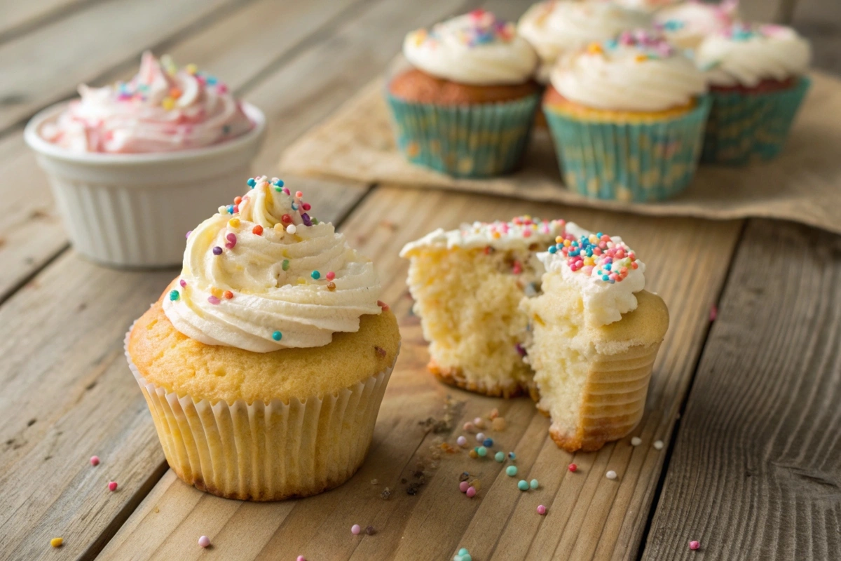 Vanilla cupcakes topped with creamy white frosting and colorful sprinkles, placed on a rustic wooden table, with one cupcake cut open to reveal its moist and fluffy interior.