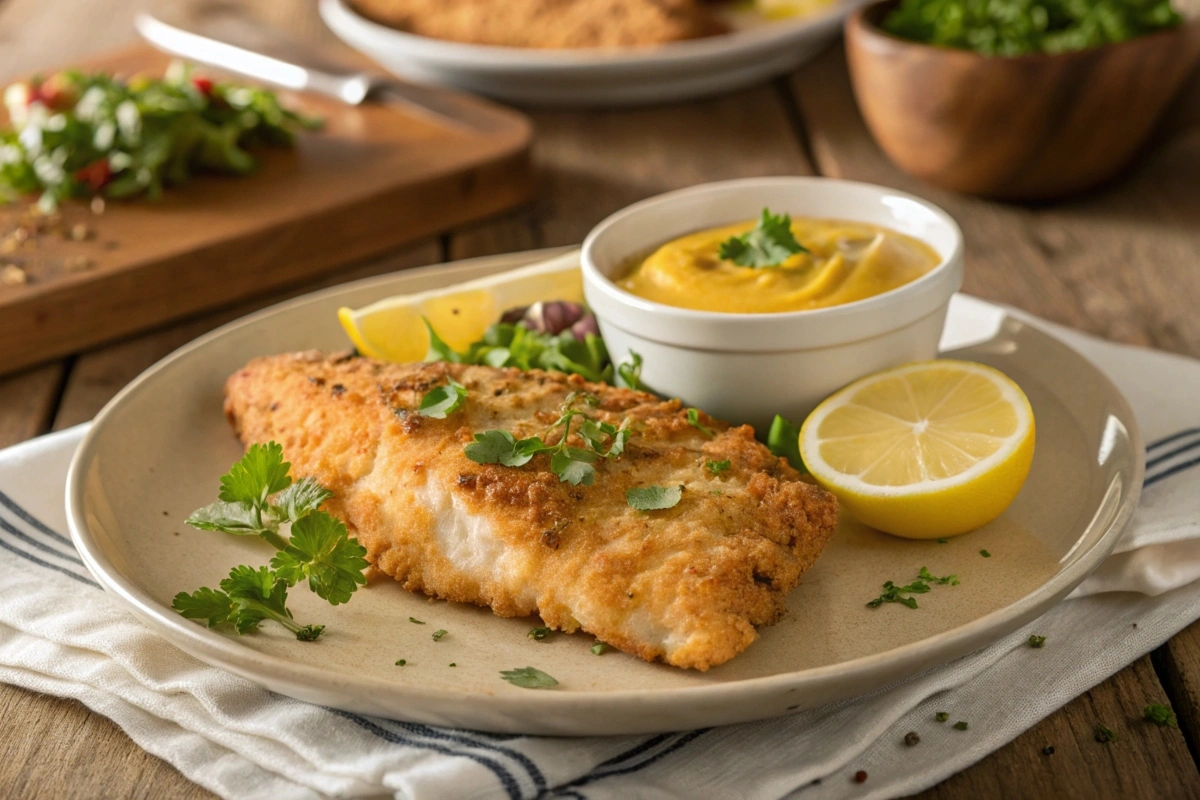 Golden crispy fried fish fillet served on a plate with a side of mustard dipping sauce, lemon wedges, and garnished with fresh parsley, placed on a rustic wooden table.